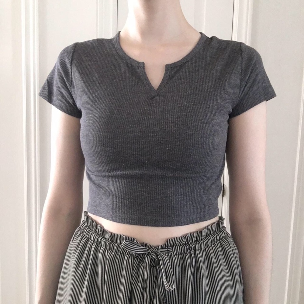 Smokey Grey Waffle Knit Notch Crop Top (Brandy Melville Style)